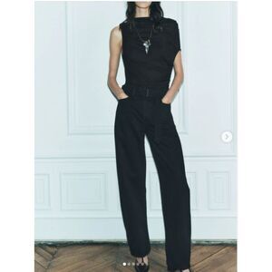 NWT Zara Black High-Waist Belted Denim Pants 100% Cotton Classic Fit Sz 6